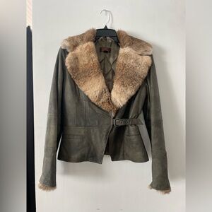 Danier Olive Green Leather Jacket with Fur Collar